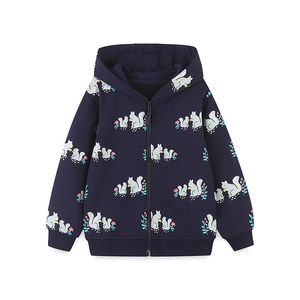 Girls dark blue squirrel and floral print hooded zip-up sweatshirt with ribbed cuffs
