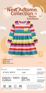 Detail view of the rainbow striped knitted cotton long-sleeve dress and size specification chart