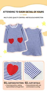 Detail of red heart patch and ruffled shoulders on girls striped knit dress
