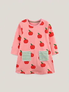 Vestito Casual in Cotone a Manica Lunga per Bambine Rosa Stampa Mela Sorridente con Tasche a Righe Abbigliamento Moda Autunno