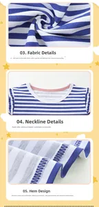 Detail view of blue and white striped cotton fabric with red trim and round neckline