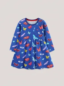 Robe en Coton à Manches Longues pour Fillette Imprimé Papillon Coloré Jupe Trapèze Princesse Col Rond Vêtements pour Enfants