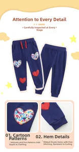 Detail view of navy blue girls' joggers featuring heart patches and ribbed cuffs