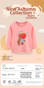 Detail of pink cotton girl's long sleeve tee with rabbit and apple cartoon prints