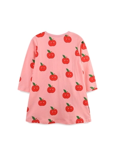 Abito rosa a maniche lunghe da bambina in cotone con stampe di mele sorridenti