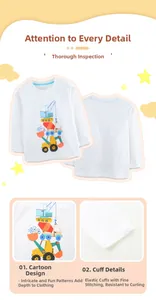 Détails de l'imprimé pelleteuse coloré et des poignets élastiques sur un t-shirt blanc garçon