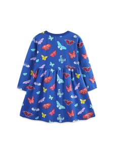 Robe à manches longues bleu roi pour filles avec imprimés papillons colorés en coton