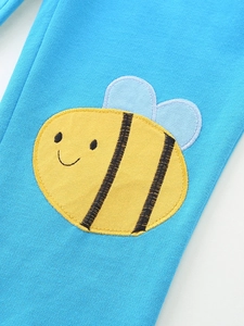 Kids casual sky blue sweatpants featuring a cute yellow honeybee embroidery patch