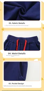 Detail view of navy blue cotton joggers featuring a red drawstring and elastic waistband