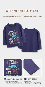 Macro view of cartoon dinosaur fossil print and elastic cuffs on navy long sleeve shirt