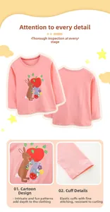 Detail showing elastic cuffs and colorful cartoon rabbit print on girls' pink cotton t-shirt