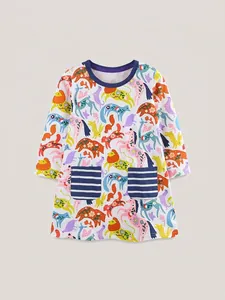 Mädchen Cartoon Tierdruck Langarm Kleid Baumwolle Prinzessin Stil Rundhals Herbst Kleidung Für Kleinkinder Kinder Alltag