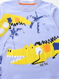T-shirt enfant en coton à manches longues lavande avec imprimé crocodile et col orange contrasté