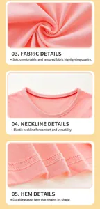 Detailed views of pink cotton knit fabric, neckline stitching and hem of the girl's tee