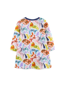 Langärmeliges Mädchenkleid aus Strick mit buntem Tierprint und marineblauem Rundhals