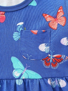 Robe bleue en coton tricoté pour filles avec imprimés papillons et petite poche