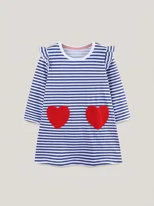Toddler Girl Long Sleeve Striped Dress With Heart Pockets Ruffle Shoulder Cotton Knit Princess A-Line Casual Party Dress