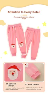 Vues détaillées du pantalon rose de Noël pour filles avec broderie Père Noël et cordon