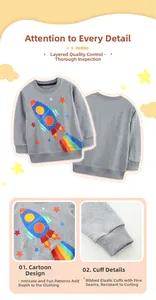 Details eines grauen Baumwoll-Sweatshirts mit Raketendruck und elastischen Rippbündchen