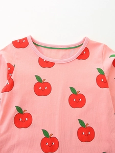 Abito rosa a maniche lunghe per bambine in cotone con stampe di mele carine