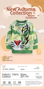 Detail of boys green camo tiger print sweatshirt with soft knit cotton ribbed neckline