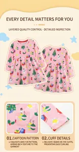 Détail de robe rose en maille pour filles avec motifs de Noël festifs et ourlet plissé
