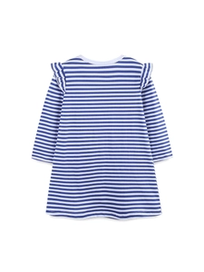 Girls striped long sleeve dress with ruffle shoulders and heart pockets in knit cotton