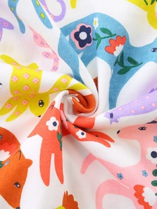 Mädchen Herbst Kleid aus Strickbaumwolle mit bunten Cartoon-Tierprints wie Hirsch und Fuchs
