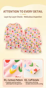 Détail de robe rose pour petite fille avec imprimé tulipes et finition de l'ourlet