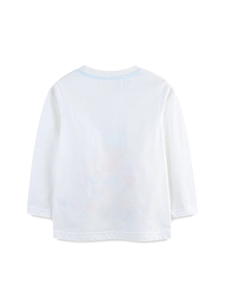 T-shirt manches longues blanc pour garçon avec col bleu et motif de pelleteuse