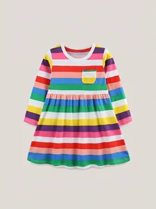 Girls Rainbow Striped Long Sleeve Dress Soft Cotton Knitted Princess A-Line Casual Party Dress For Toddler Kids