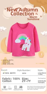 Detail of pink cotton girl's T-shirt with unicorn print and fabric care instructions