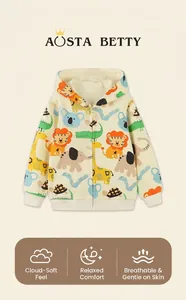 Detail of soft cotton kids hooded sweatshirt featuring colorful cartoon animal patterns