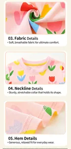 Détail d'une robe rose pour fille avec imprimé tulipes et col rond élastique confortable