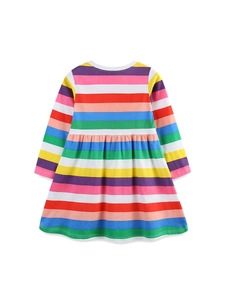 Girls long sleeve rainbow striped cotton knit dress with classic crew neck and pleated skirt