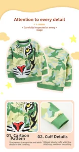 Detail of the tiger head print and ribbed cuffs on the green camouflage boys' sweatshirt