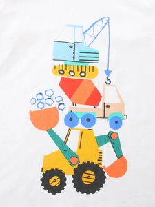 T-shirt blanc à manches longues pour garçon avec imprimés de camions de chantier