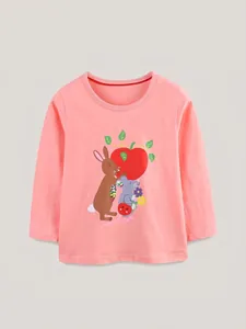 Toddler Girls Long Sleeve T-Shirt 100% Cotton Autumn Soft Top Cartoon Rabbit Mouse Apple Printed Round Neck Casual Clothing