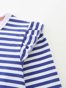 Blue and white striped girls knit cotton dress with ruffle shoulder and pink neck lining