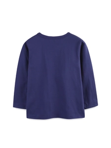 Navy blue long sleeve boys T-shirt with crew neck shown from the back on white background