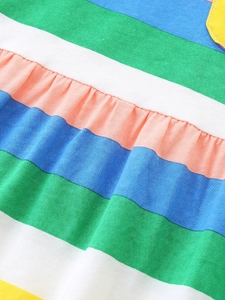 Girls' colorful striped long-sleeve dress with pleated texture and soft knit fabric
