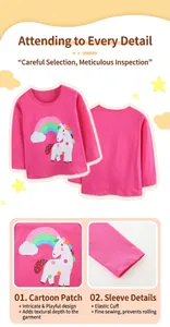 Detail of pink cotton girl's t-shirt showing unicorn print and elastic cuffs
