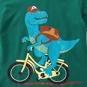 Boy's dark green long sleeve t-shirt with a cute cartoon dinosaur riding a yellow bicycle