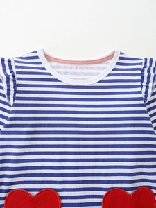 Girls striped knit dress with ruffled sleeves and red heart pockets in soft cotton fabric