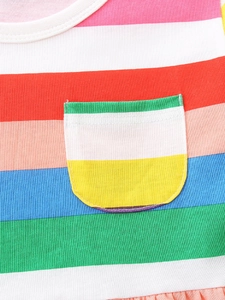 Girls striped long sleeve dress with colorful knit patterns and ruffled hem detail