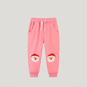 Pantalon de Jogging en Coton Rose pour Filles Broderie Père Noël Taille Élastique Douce Pantalon Décontracté Enfants
