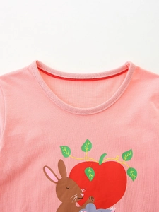 Girl's pink cotton long sleeve T-shirt featuring cartoon bunny and apple print