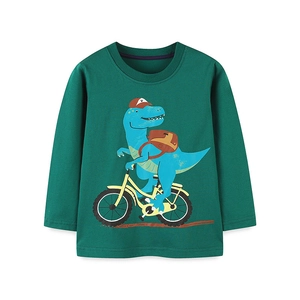 Boy's long sleeve dark green T-shirt featuring a cartoon dinosaur riding a bicycle