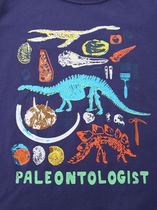 Dark blue long sleeve boys T-shirt with colorful dinosaur paleontologist theme print