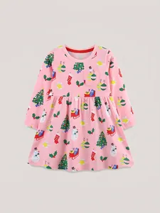 Robe de Noël à Manches Longues pour Fillettes 100% Coton Dessin Animé Bonhomme de Neige Sapin Imprimé Princesse Rose Col Rond Automne